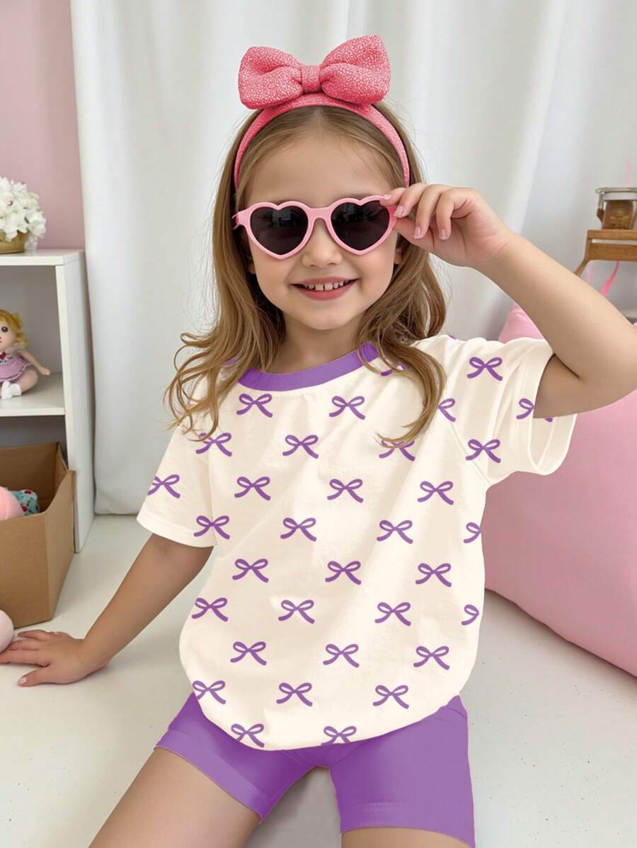 SHEIN Leap Crew 2pcs/Set Young Girl Casual Minimalist Short Sleeve Shorts Set, Suitable For Summer - White - View 1