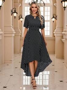 EMERY ROSE Women's Polka Dot Print Asymmetric Hem Dress - Black and White - View 6