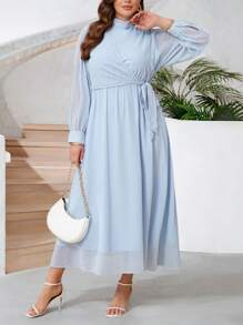SHEIN Frenchy Plus Size Women's Long Sleeve Elegant Dress,Sky Blue Stand Collar Side Knot Pastel Spring Autumn Solid Color Wedding Bridal Dress - Blue - View 5
