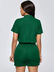 SHEIN LUNE Women's Solid Color Front Button Jumpsuit With Pockets - Dark Green - View 5