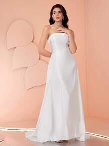 Coutiva فستان زفاف أنيق ذو لون أحادي مزين بفيونكة للزواج، فستان زفاف مع سحاب للنساء، فستان سهرة زفاف للنساء، فستان زفاف للعرائس