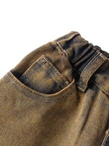 SHEIN Young Boy Summer Street Cool Vintage Washed Ripped Frayed Contrasting Colors Loose Fit Straight Leg Bermuda Blue Denim Shorts, Streetwear Spring Break - Light Wash - View 5