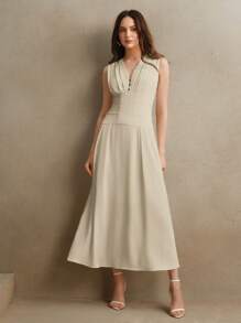 Anewsta Elegantes, minimalistisches ärmelloses Sommerkleid mit V-Ausschnitt und Taille, geeignet für Frauen bei Festivals, Old Money, Ausgang, Urlaub und als Brautjungfernkleid - Kamelfarben - Übersicht 6