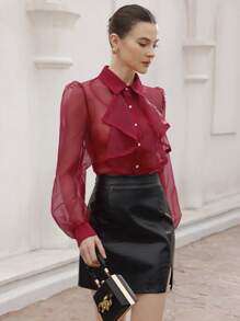 Aveloria Rosie 法式优雅欧根纱透明荷叶边领泡泡袖衬衫，浪漫春夏情人节 - 紅色 - 查看 5