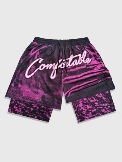 Street Life Men's Street Letter Tie Dye Print Drawstring Waist Double Layer Stylish Shorts