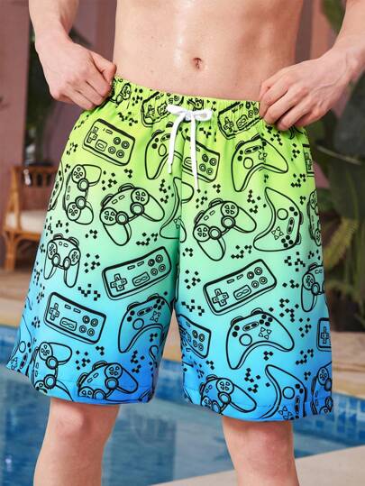 青少年男孩电子游戏机印花抽绳腰带沙滩短裤，带定位印花