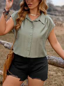 Breezaya 大码女式春夏休闲度假前开褶皱肩衬衫