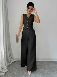 Elenzga 女式粗花呢背心套装 - 女式优雅拉链常规版型两件套服装