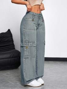 SHEIN EZwear Women's Cargo Pocket Loose Fit Casual Wide Leg Jeans - Light Wash - View 5