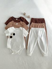 Loomiva 4pcs Baby Boy Set: Solid Knit Soft Round Neck Long Sleeve Bodysuit And Elastic Waist Long Pants - Multicolor - View 3