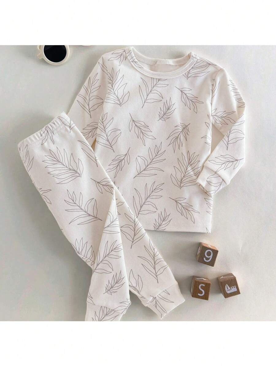Loomiva Conjunto de pijama de 2 piezas para bebé niño con camiseta de manga larga de cuello redondo suave con estampado floral disperso y pantalón largo con cintura elástica
