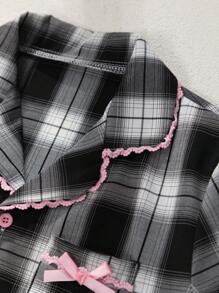 Tween 女童经典格子短袖上衣和裤子 2 件套休闲舒适家居服套装夏季度假睡衣黑白拼色睡衣女童套装睡衣套装 - 黑與白 - 查看 6