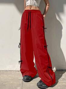 Tween Girl Matching Sister & Mom Wide Leg Casual Pants, Streetwear Retro Athletic All-Match White Trim, Pink 3D Bow Ribbon, Black Elastic Waist Trousers,Holiday,Summer,Travel - Red - View 3