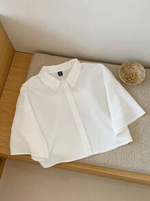 Comfortcana 女士白色编织纹理短款衬衫，夏季 - 白色 - 查看 4