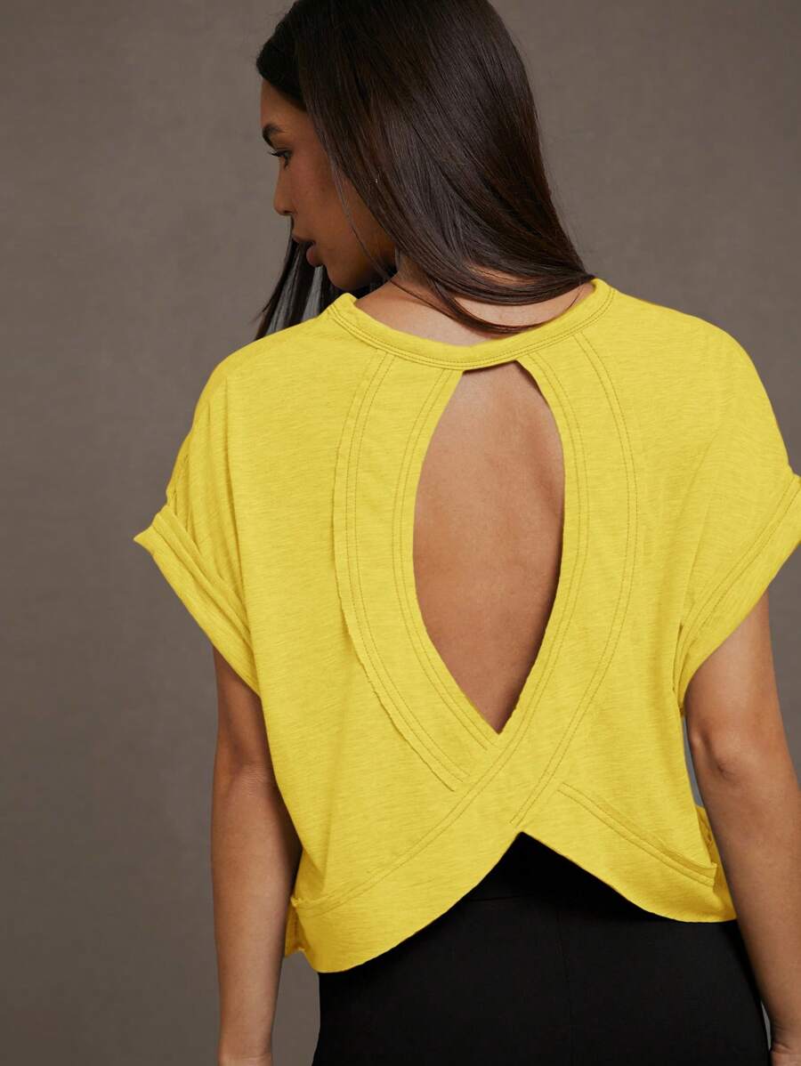 SHEIN Essnce Women's Casual Solid Color Batwing Sleeve Hollow Back T-Shirt, Summer - Yellow - View 1