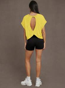 SHEIN Essnce Women's Casual Solid Color Batwing Sleeve Hollow Back T-Shirt, Summer - Yellow - View 5