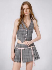 GENKIRA 甜美前卫学院风圆领格纹撞色吊带背心搭配褶皱撞色蝴蝶结装饰裙 2 件套女士 - 灰色 - 查看 5