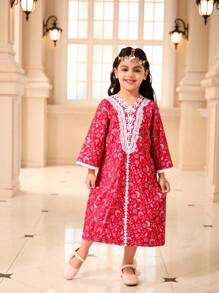 Young Girls Floral Print Dress With Ruffle Trim, Modest Style Suitable For Ramadan - Multicolor - View 1