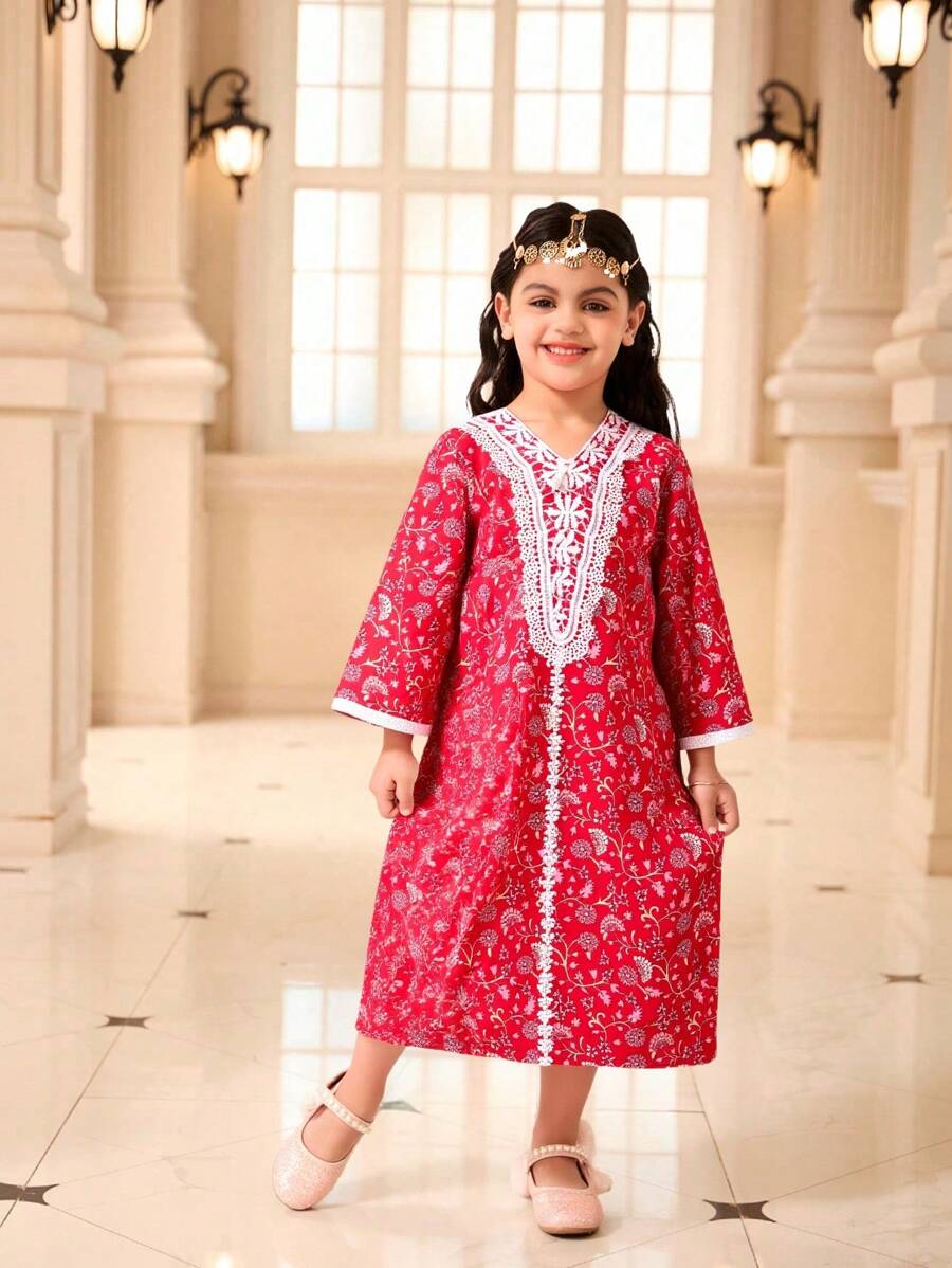 Young Girls Floral Print Dress With Ruffle Trim, Modest Style Suitable For Ramadan - Multicolor - View 1