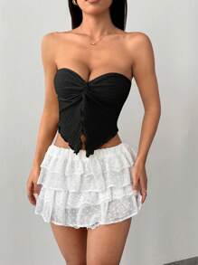 SHEIN PETITE 女装假日鹅黄色针织纹理抹胸中前打结开衩波浪边修身上衣下午茶街头度假秋冬装内外聚会 - 黑色 - 查看 8