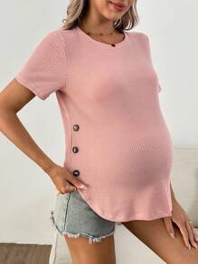 SHEIN Casual Solid Color Side Button Design Round Neck Short Sleeve Maternity T-Shirt - Pink - View 5