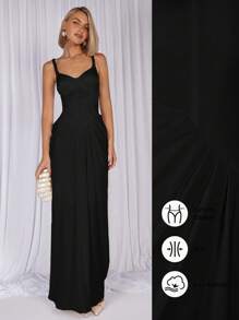 COSMINA Đầm yếm dài màu trơn cho nữ, thời trang tối giản phù hợp cho mùa hè - màu đen - Xem 8