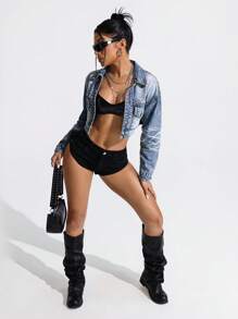 SHEIN EZwear Women's Casual Distressed Raw Hem Denim Jacket - Medium Wash - View 3