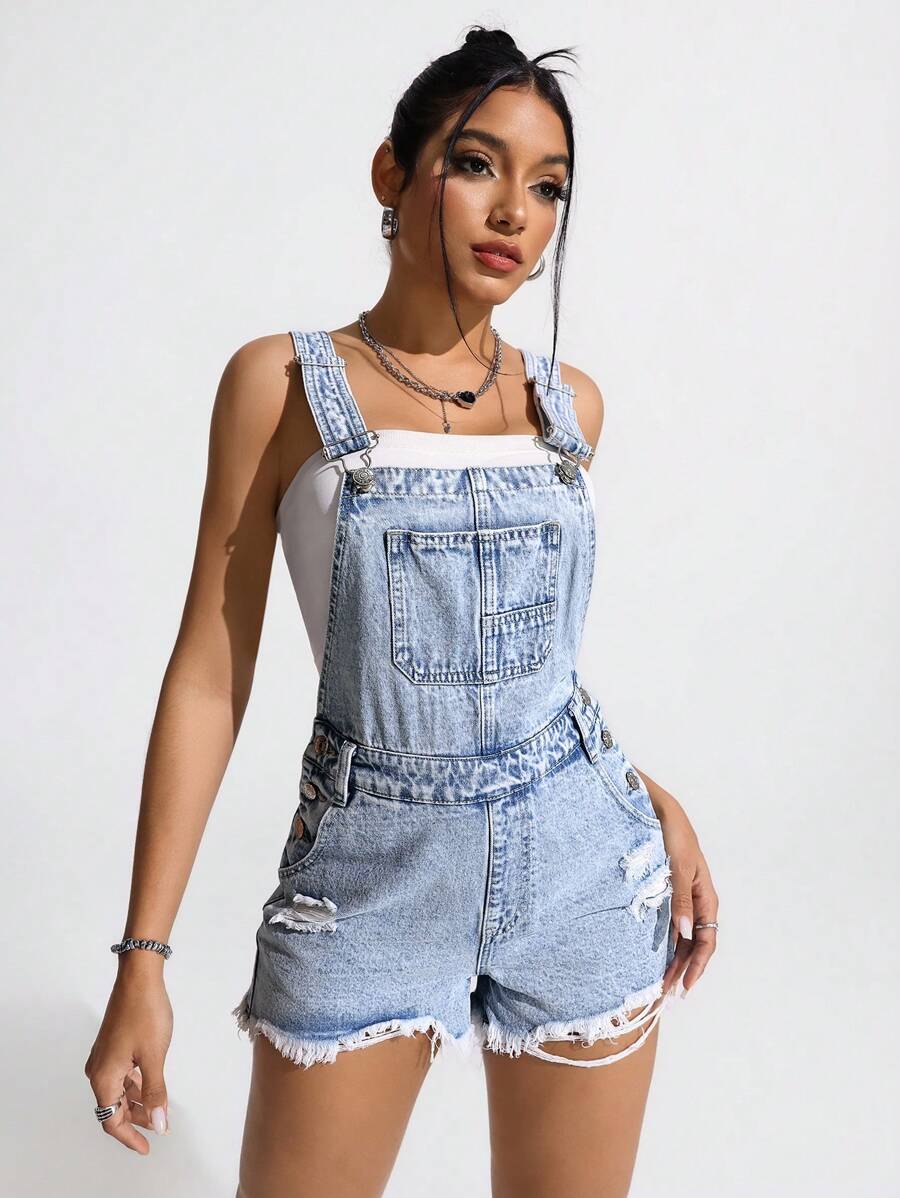 SHEIN EZwear 女士简约时尚牛仔连体裤，适合夏季 - 淺色水洗藍 - 查看 1