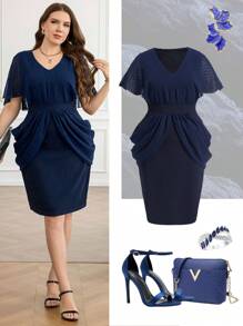 Ellevyn Vestido midi de línea A con cuello en V, de talla grande, elegante, de lunares, con parches de malla y cintura ceñida, de manga corta