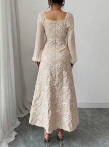 Modelyn 女士提花编织雪纺泡泡袖 A 字形连衣裙 - 杏色 - 查看 2