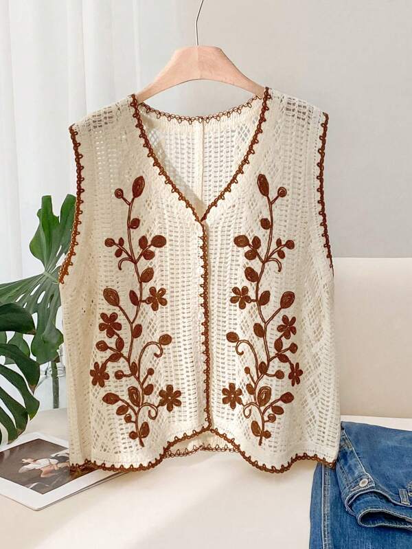 CosyJoli Plus Size Summer Embroidered Knit Cardigan Vest