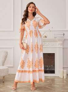 SHEIN Clasi Elegant Resort Hot Selling Floral Print Ruffle Sleeve V-Neck Waist Cinched Dress - White - View 6