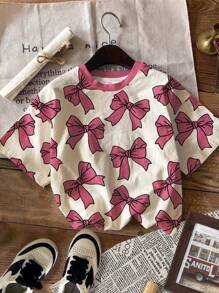 SHEIN 可爱粉色蝴蝶结印花，少女休闲宽松落肩短袖 T 恤，适合夏季