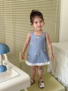 SHEIN Baby Girl Elegant Color Block Bow Decor Summer Dress - Blue - View 5