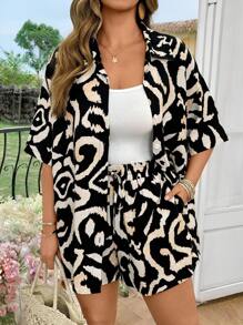 SHEIN LUNE Women Plus Size Leopard Print Short Sleeve Single-Breasted Shirt And Shorts 2 Pieces Set, Casual Spring Break Boho Rave Outfits Festival Spring Break Outfits Old Money Style Women Rave Outfits Summer Outfits For Women Easter Outfit Women - Multicolor - View 1