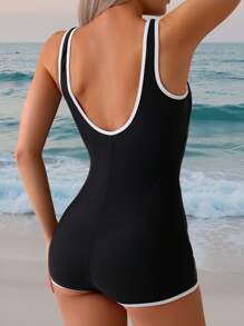 SHEIN Swim SPRTY 女士夏季海滩冲浪运动航海撞色露背镂空连体泳衣 - 黑與白 - 查看 2