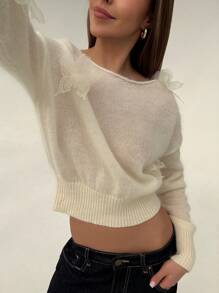 Aloruh 3D Butterfly Print Lightweight Mesh Sheer Long Sleeve Knit Top, Spring/Summer - Apricot - View 1