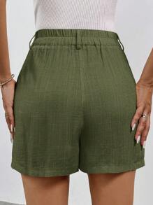 SHEIN Tall Pantalones cortos de lino lisos, casuales y elegantes con nudos de bambú - Verde militar - Ver 2