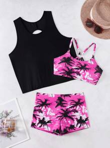 SHEIN Ensemble plage été 3 pièces pour femmes : Débardeur imprimé arbre de palme aléatoire, paréo transparent de couleur unie, slip de bikini de couleur unie. Élégant maillot de bain bikini - Multicolore - Voir 3