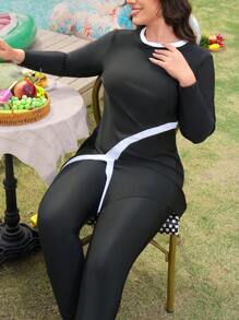 SHEIN Swim Curve Plus Size Women's 2pcs Patchwork Crew Neck Long Sleeve Top And High Waist Long Pants Modest Middle East Burkini Swimsuit Set