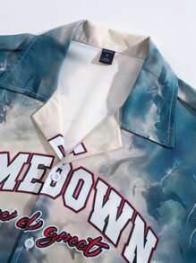 ROMWE MEN Street Life 男士字母印花短袖单排扣休闲衬衫 - 彩色 - 查看 4