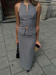 SHEIN Essnce Conjunto de dos piezas de mujer con top sin mangas con cremallera de color gris sólido para uso diario u oficina y falda larga con abertura, traje elegante/conjunto de falda para mujer/conjunto de ropa de trabajo para mujer
