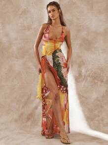 Musera Resort Chiffon Neckholder Kleid mit tiefem Rückenausschnitt, Frucht- und Blumenprint, O-Ring Detail, Maxikleid, Boho Ibiza Stil, süß und sexy, Urlaubskleid, Hochzeitsgast Strand Bademantel