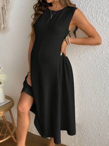 SHEIN Round Neck Sleeveless Dress Maternity Dress - Black - View 6