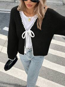 Serisse Women's Casual Color Block Trim Drawstring Cardigan,Knitted Sweater In Fall/Winter Black - Black - View 6