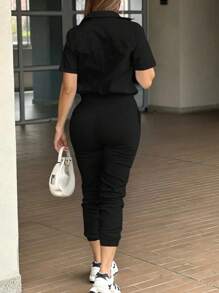 女式标准尺寸前开式短袖连体裤和休闲宽松裤，春夏 - 黑色 - 查看 2