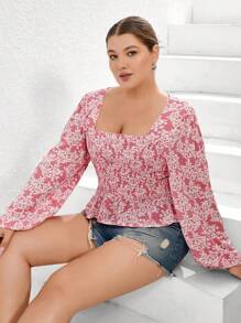 Aveloria Rosie 2025 Spring/Summer Versatile Ditsy Floral Puff Sleeve Design Fitted Slim Romantic Countryside Style Plus Size Women Blouse Boho Vacation Fashionable Style All Over Print - Pink - View 5