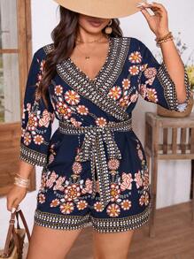Breezaya Plus Size Women V-Neck Patterned Elegant Romper For Vacation/Daily Wear, Spring/Summer