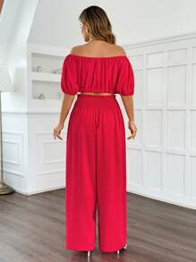 Flirla Shirred Cropped Top & Wide Leg Pants 2pcs/Set, Relaxed Fit - Hot Pink - View 2
