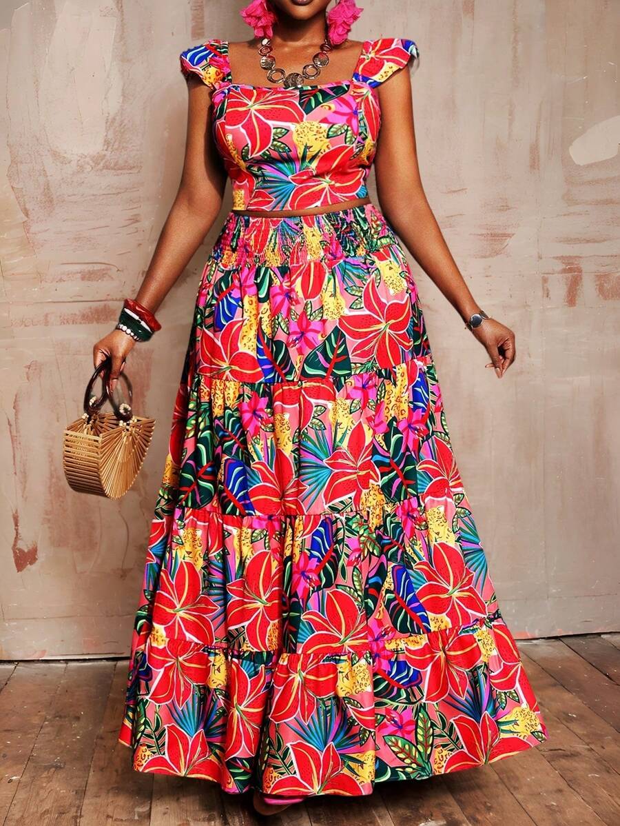 Slaydiva 2 件大码女士休闲西式服装，简约吊带背心上衣和裙子套装，适合日常穿着 - 彩色 - 查看 1